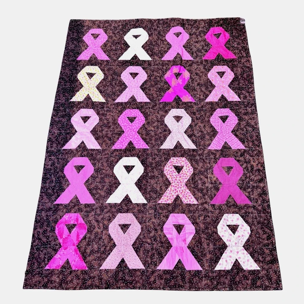 Quilt Breast Cancer‎ Awareness Handmade Ribbons of Hope Signed Brown Pink 60x42